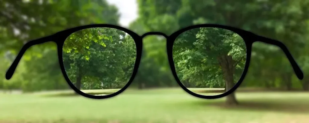 A pair of black framed glasses as if you are looking out of them. Where you look thru the lens it is clear and you see greene park around the glasses and lenses is blurry green trees